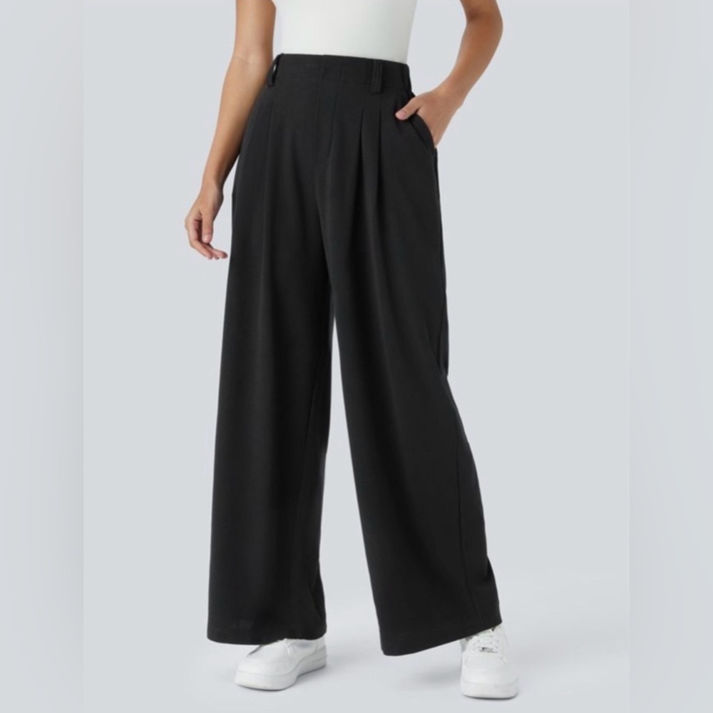 NWT Halara Flex High Waisted pocket wide leg waffle Work Pants Black Size XL